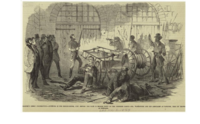 A print depicting Brown’s raiders and hostages in the interior of the engine house before the US Marines break-in, 1859.