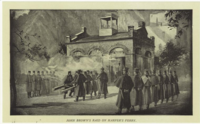 A print of the engine house occupied by John Brown and his raiders as US Marines attempted to break in, ca. 1859