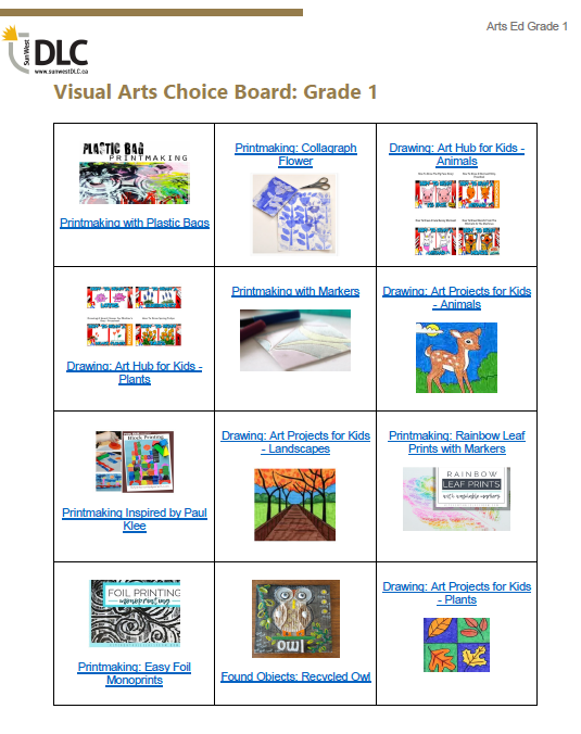 Visual Arts Choice Board: Grade 1