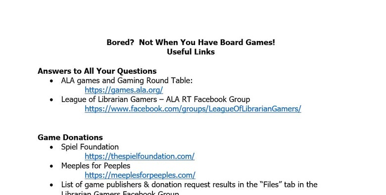 Board Game Collections & Programming Useful Links (Brown County Library)