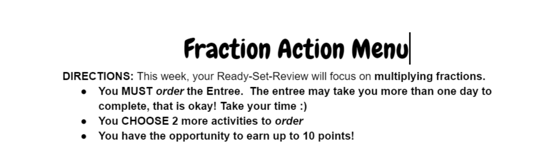 Multiplying Fractions-Ready Set Review Menu