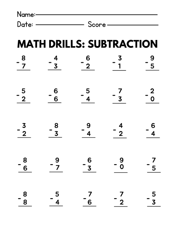 Basic Subtraction Math Drills