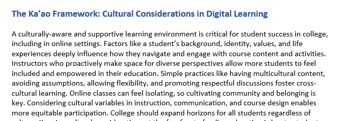 The Ka’ao Framework: Cultural Considerations in Digital Learning