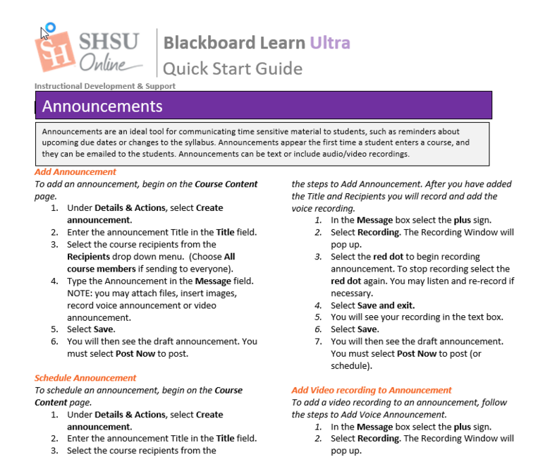 Adding Announcements in Blackboard Ultra Courses - Instructor Quick Start Guide