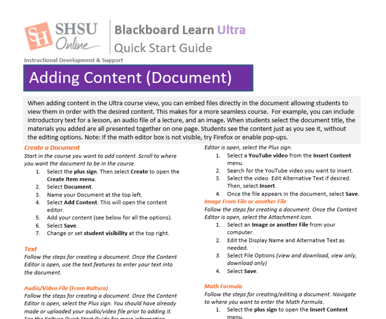 Adding Content to Blackboard Learn Ultra Documents - Instructor Quick Start Guide