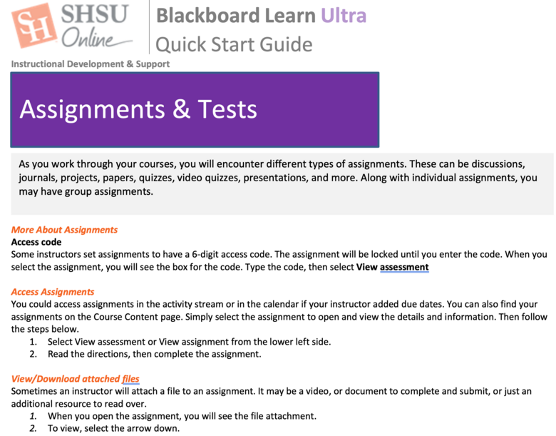 Blackboard Ultra Assignments and Tests - Student Quick Start Guide
