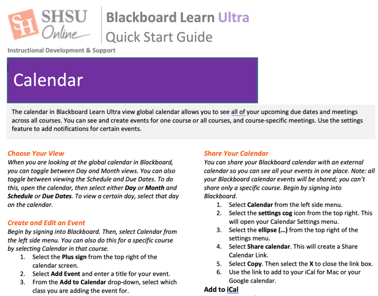 Blackboard Ultra Calendar - Student Quick Start Guide