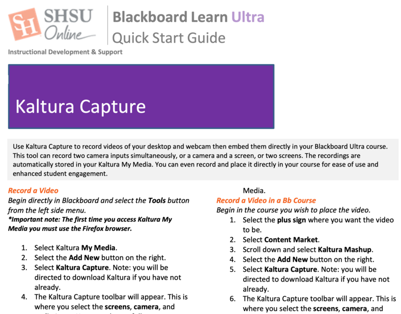 Blackboard Ultra Kaltura Capture Instructor - Quick Start Guide