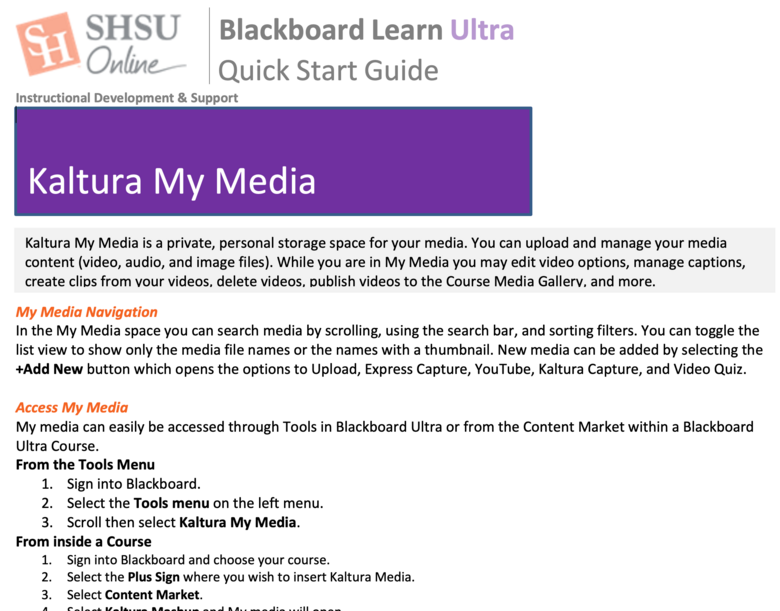 Blackboard Ultra Kaltura My Media - Instructor Quick Start Guide