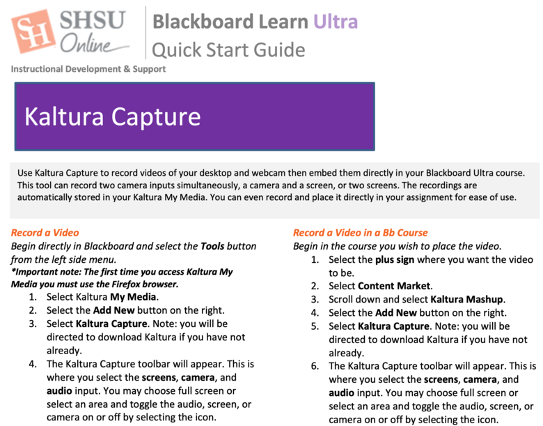 Blackboard Ultra Kaltura Capture - Student Quick Start Guide