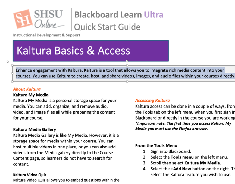 Blackboard Ultra Kaltura Basics & Access - Instructor Quick Start Guide