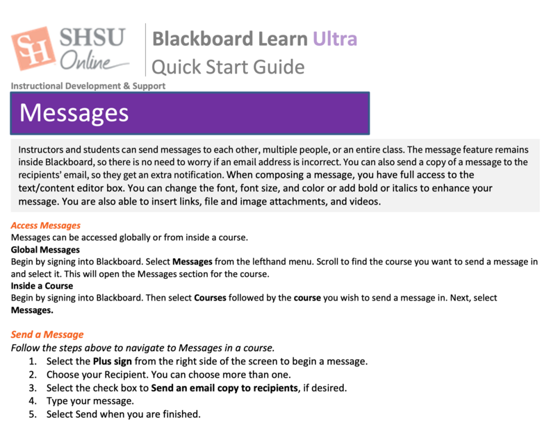 Blackboard Ultra Messages - Instructor Quick Start Guide | OERTX